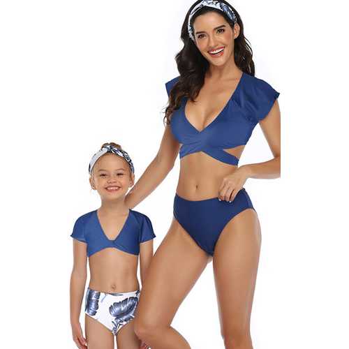 V-neck Short Sleeve Two Pieces Family  Matching Swimwear Blue