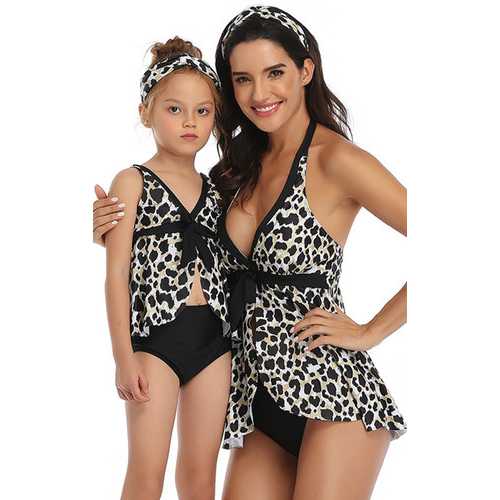 Black Leopard Printed Front Knot Bow and Solid Bottom Swimsuit