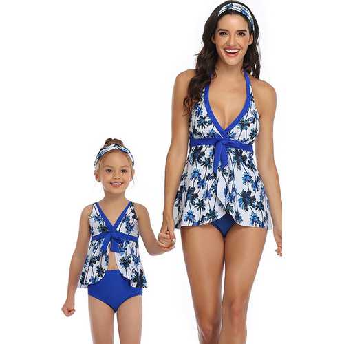 Blue Printed Front Knot Bow and Solid Bottom Swimsuit