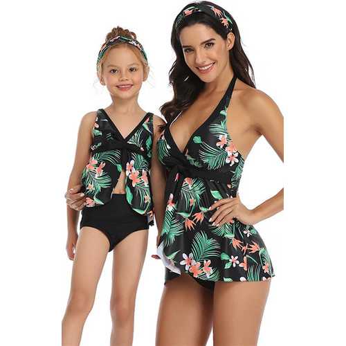 Green Printed Front Knot Bow and Solid Bottom Swimsuit