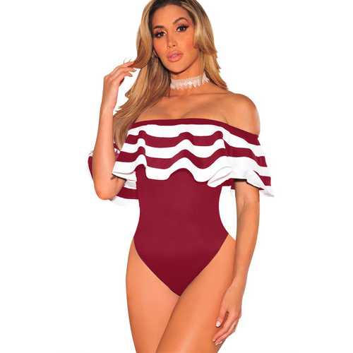 Wine Red Ruffles Striped Bikinis