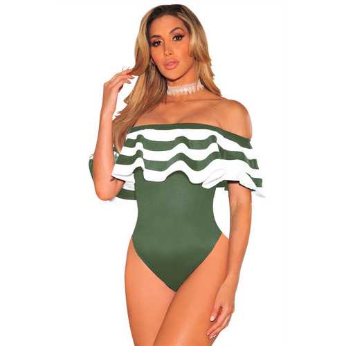 Army Green One pieces ruffles Striped Swimsuits