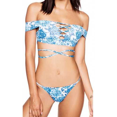 2017 Women Bathing Suits Off Shoulder Bikini Swimwear Print Swimsuit Sexy Blue