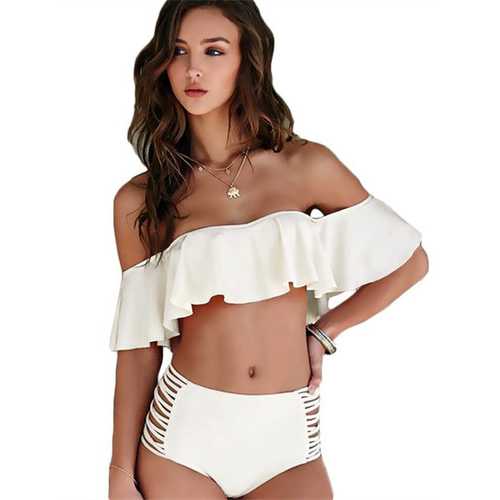 2017 Women Two Pieces Clear Sexy Ruffled Off-shoulder Bikini White