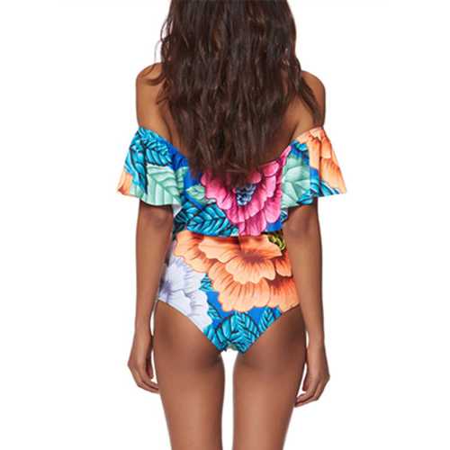 2017 Women's Sexy Ruffle Print Ruffle Flower One-Piece Swimsuit Strapless Monokini Bikini Blue