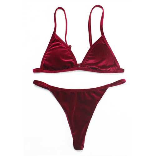 2017 Women's Sexy Velvet Triangle Brazilian Thong Bikinis Sets Wine Red