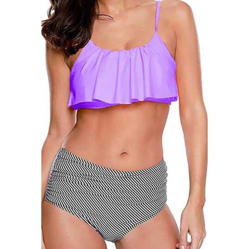 2017 Women Ruffle Cold Off Shoulder Print 2 Piece Swimsuit Bikini Set purple