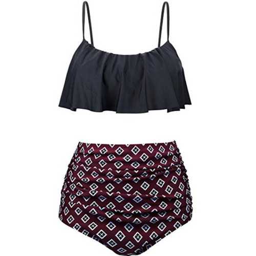 2017 Women Ruffle Cold Off Shoulder Print 2 Piece Swimsuit Bikini Set