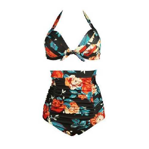 Halterneck And High Waist 2pcs Swimwear With Knot Decorated And Floral Print