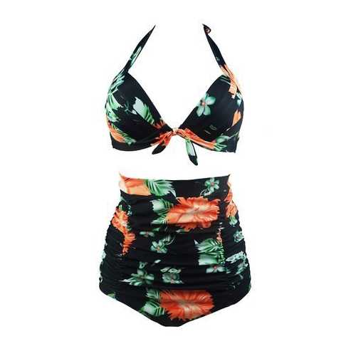 Halterneck And High Waist Floral Print 2pcs Swimwear With Knot Decorated