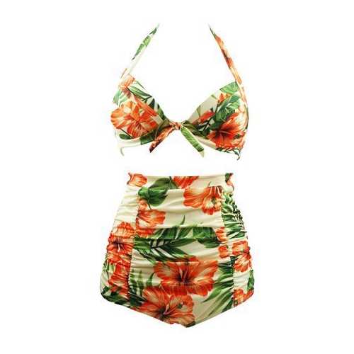 Halterneck And High Waist 2pcs Swimwear With Knot Decorated And Floral Print