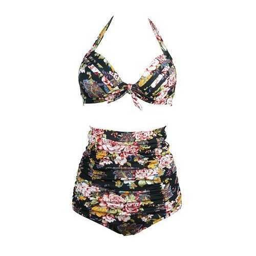 Halterneck And High Waist Floral Print 2pcs Swimwear With Knot Decorated