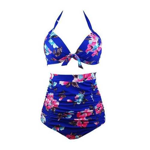 Halterneck Top And High Waist Bottom Foral Print 2pcs Swimwear With Knot Decorated