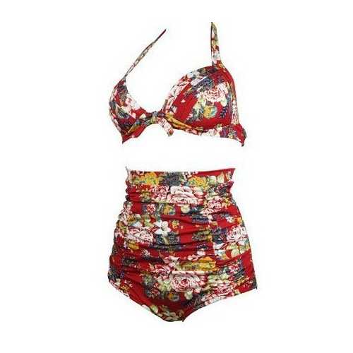 Halterneck Top And High Waist Bottom Foral Print 2pcs Swimwear With Knot Decorated