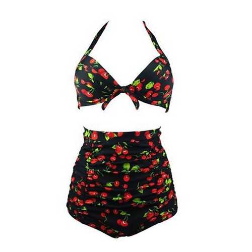 Halterneck Top And High Waist Bottom Foral Print 2pcs Swimwear With Knot Decorated