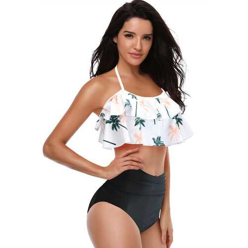 White Coconut Tree Print Swimwear Bikini Set Girls Swimsuit