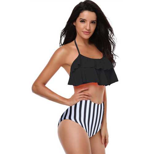 Black and White Stripe Bikini Set Lotus Leaf Edge Girls Swimsuit