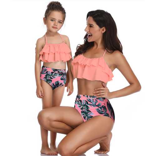 2 Pieces Leaves  Fresh Atrovirens Strappy Mommy and Me Scollop Edge Swimsuit