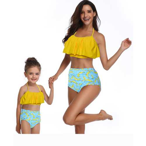 2 Pieces  Fresh Atrovirens Strappy Mommy and Me Scollop Edge Swimsuit