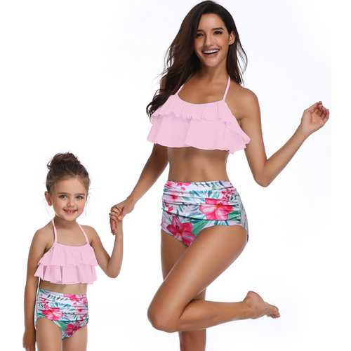 Girls Swimsuits Two pieces Leave and Flower Swimwear Mommy and Me Swimsuit Women Swimwear