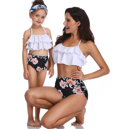 Girls Swimsuit Two Piece Bikini Set Mother and Daughter Swimwear Flowers Print Bathing Suit