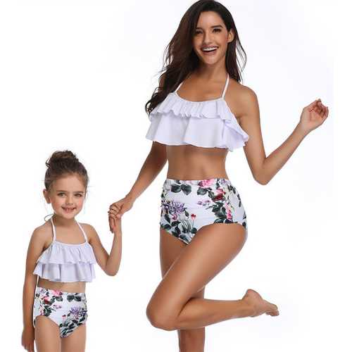 Flower Print 2 Pieces Girls Swimwear Lotus Leaf Edge Family Matching Bikini Set Swim Suit