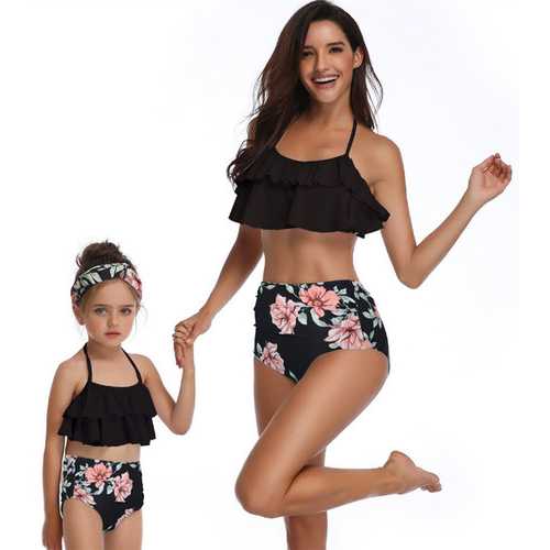 Black Flower Print Girl Swimwear Bikini Set Mommy and Me Swimsuit