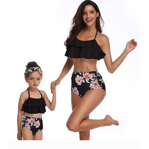 Family Matching Lotus Leaf Edge Flower Print Black Bikini Set Girls Swimwear