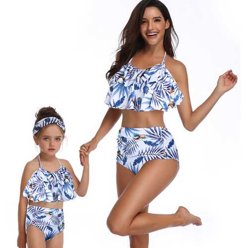 Girls Swimwear Lotus Leaf Edge Leaves Print Family Matching Bathing Suit