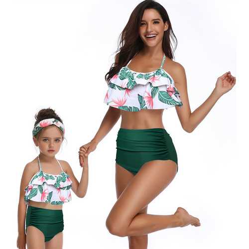 Girl Bathing Suit Lotus Leaf Edge Green Bikini Set Family Matching Swimwear