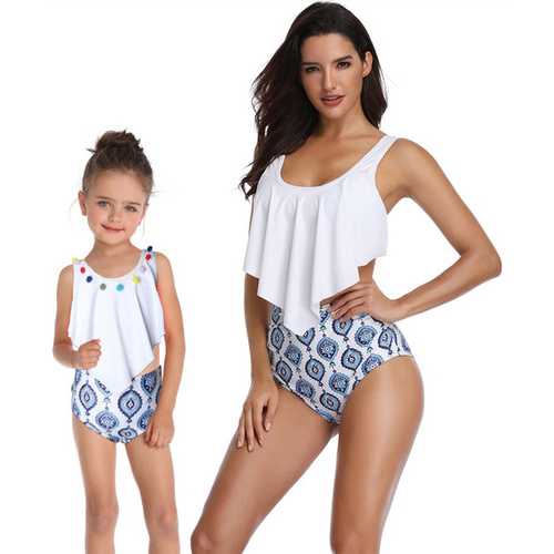 Girl Swimsuit Two Pieces Lotus Leaf Edge Bikini Set Whorl 3D Family Matching Swimwear