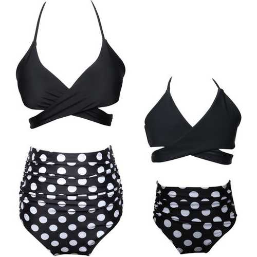 Black Crisscross Dot   Print Girl Swimwear  Family Matching Bikini Set