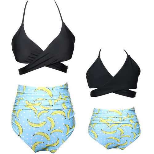 Black Crisscross Banana  Print Girl Swimwear  Family Matching Bikini Set