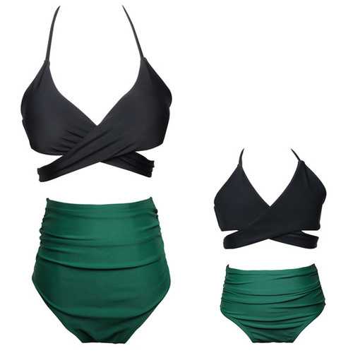 Black Crisscross Solid Color Girl Swimwear  Family Matching Bikini Set