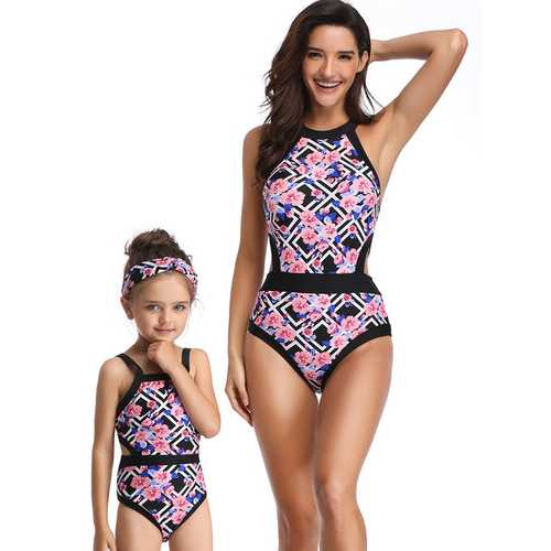 Geometric Flower Print Family Matching Swimsuit One Piece Girl Swimwear