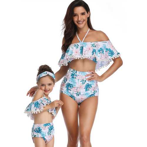 Flower Print One-shouder White Swimsuit Family Matching Girls Bikini Set Swimwear