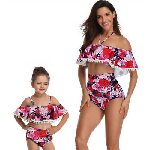 Flower Print One-shoulder Girl Swimsuit Bikini Set Family Matching Swimwear