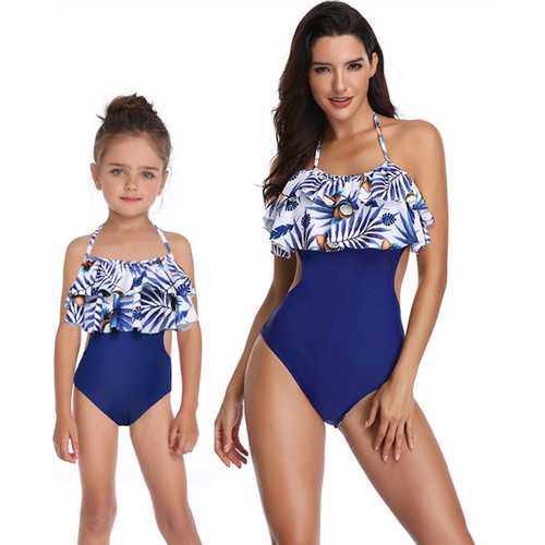 Blue Coconut Lotus Leaf Edge Swimsuit 1 Piece Family Matching Girl Bathing Suit