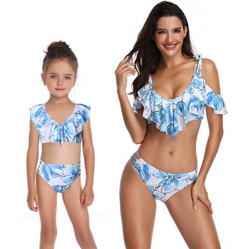 Blue Printed Girl Swimsuit Low-neck Bikini Set Family Matching Swimwear