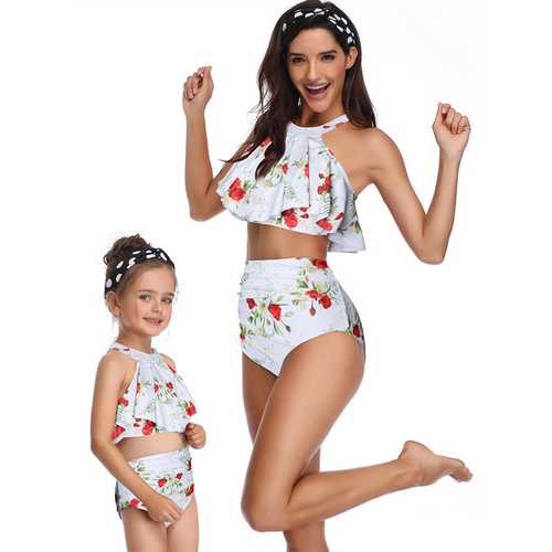 Halterneck Rose Print White Girl Bikini Set Family Matching Swimwear