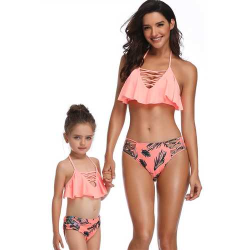 Braided Rope Pink Girl Bikini Set Family Matching Bathing Suit