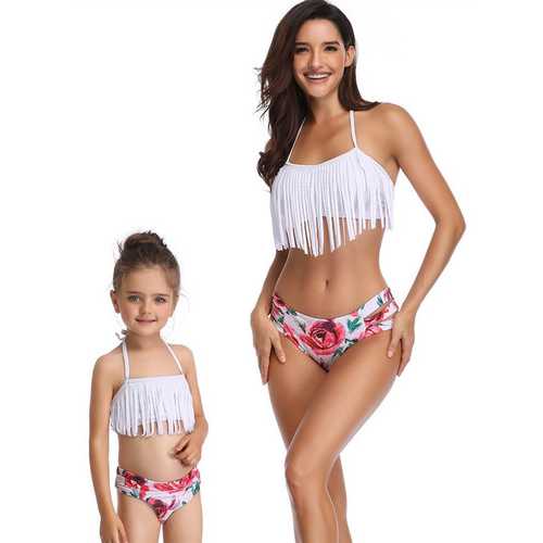 White Fringed Bikni Set Family Matching Swimsuit Girls Bathing Suit