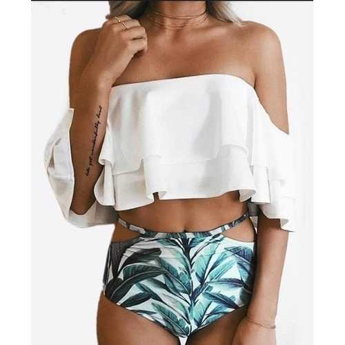 Two Piece Swimsuit Off Shoulder Swimwear Ruffled Flounce Crop Bathing Suit Bikini Set