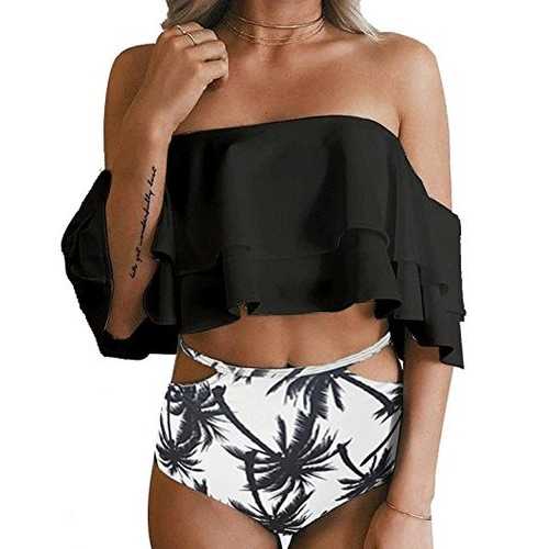 Black Women Two Piece Off Shoulder Ruffled Flounce Crop Bikini Top With Print Cut Out Bottoms