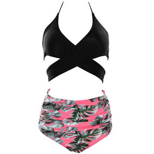 Cross Front Detailing Top And High Waist printing Bottom Two-pieces Swimwear