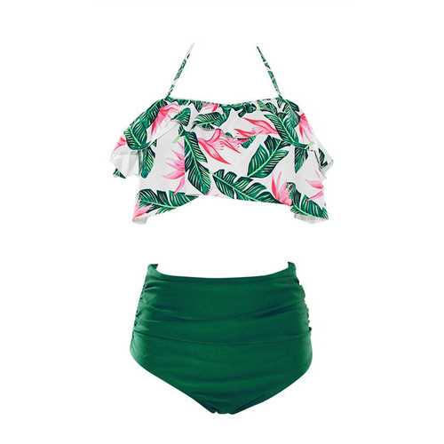 Floral Printed And Flounce High Waist Two-pieces Swimsuit