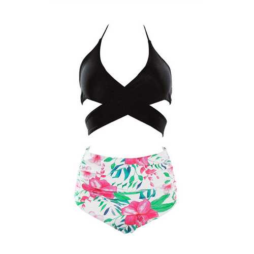 Cross Front Detailing And High Waist Floral Printed Two-pieces Swimwear