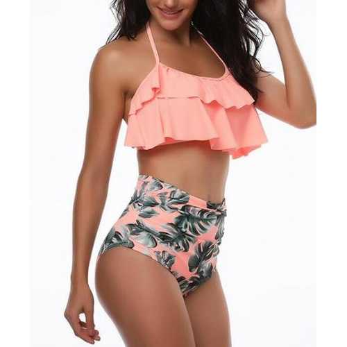 Women Retro Flounce High Waisted Bikini Halter Neck Two Piece Swimsuit