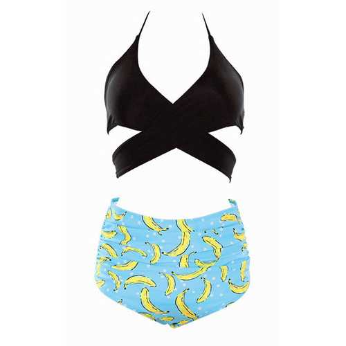 Cross Front Detailing Top And High Waist printing Bottom Two-pieces Swimwear