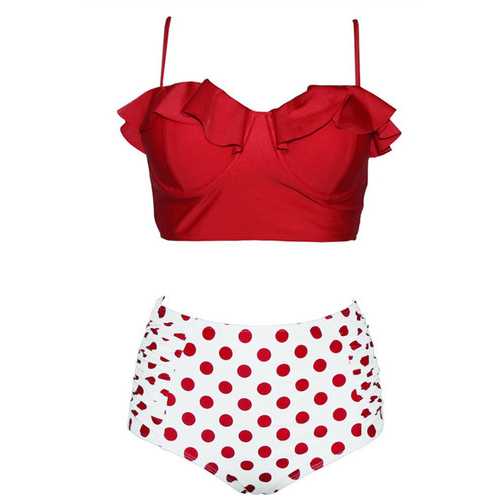 New Fashion Retro Boho Flounce High Waist Swimsuit  Red